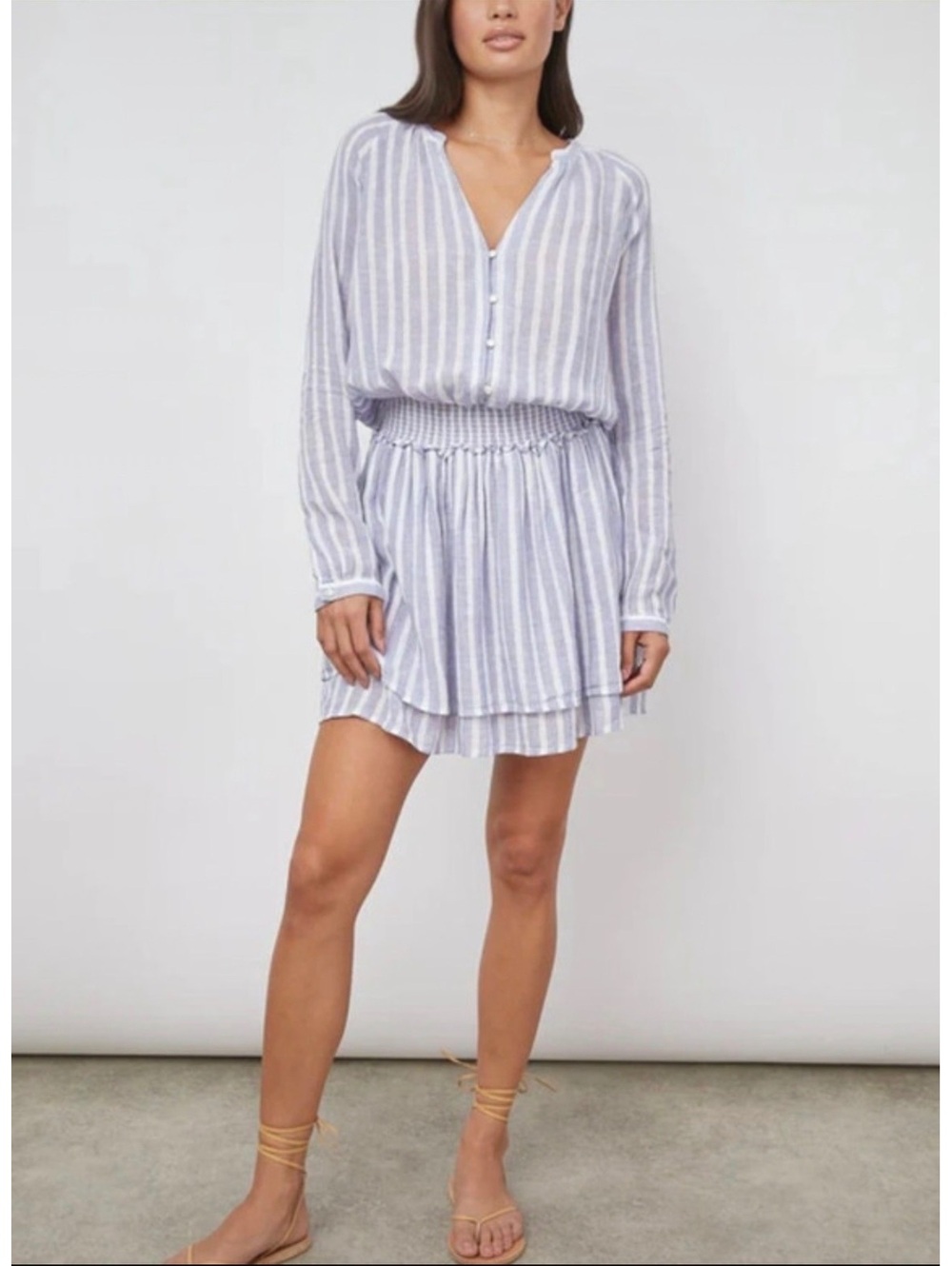 NWT Rails Jasmine Linen-Blend Striped Smocked Mini Dress in Rhone Stripe Large